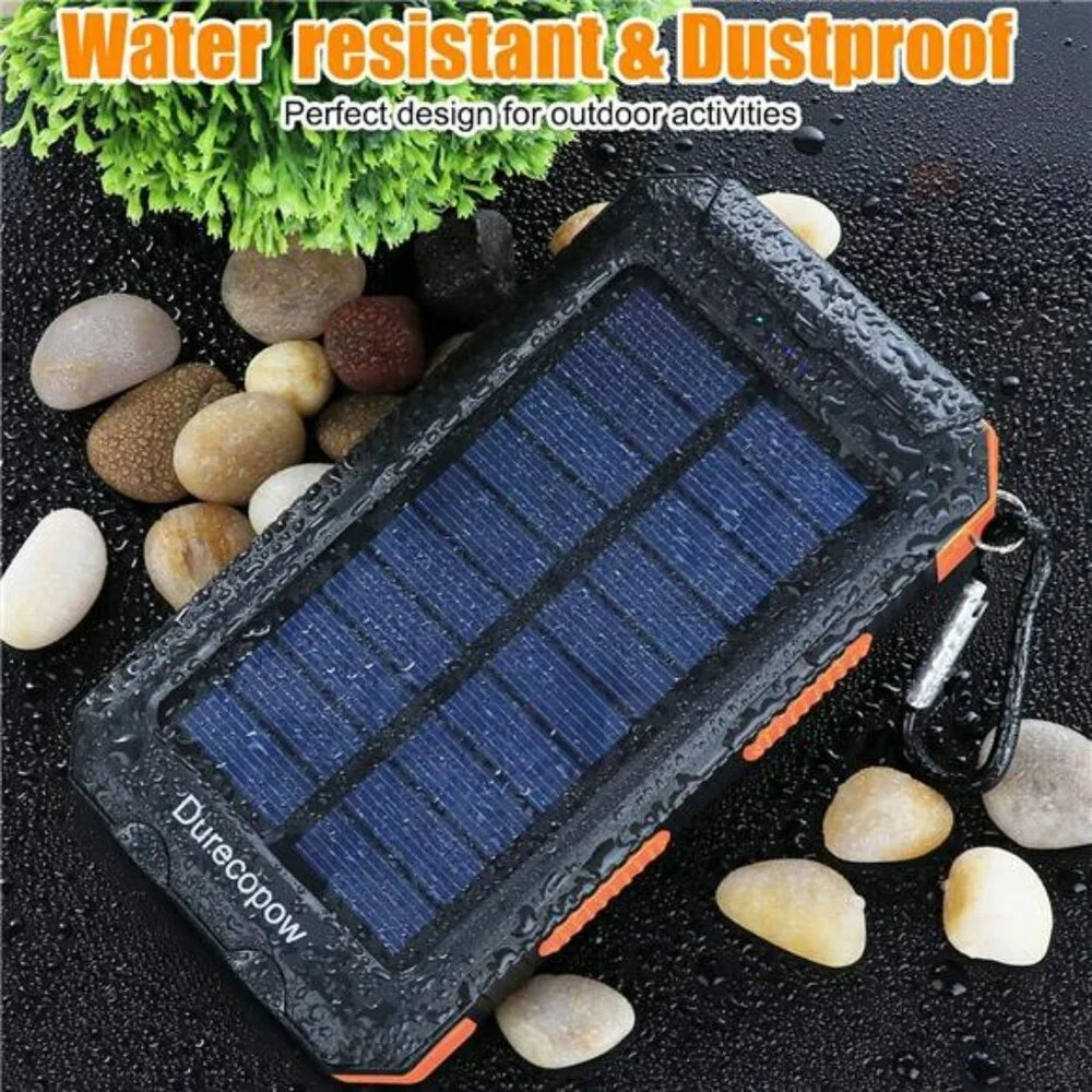 Portable Solar Charger Power Bank Waterproof Outdoor Camping USB C LED Light